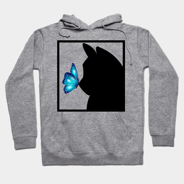 Blue Butterfly sitting on nose of Black Cat Hoodie by Blue Butterfly Designs 